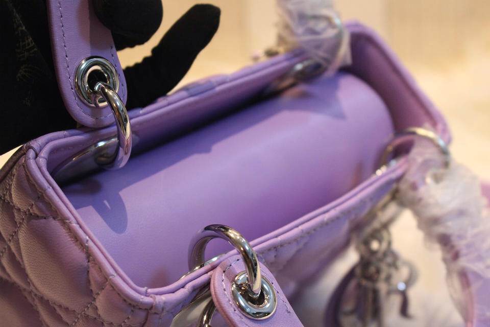 DIOR紫色三格羊皮女包 进口羊皮银扣手提包 时尚大牌戴妃包