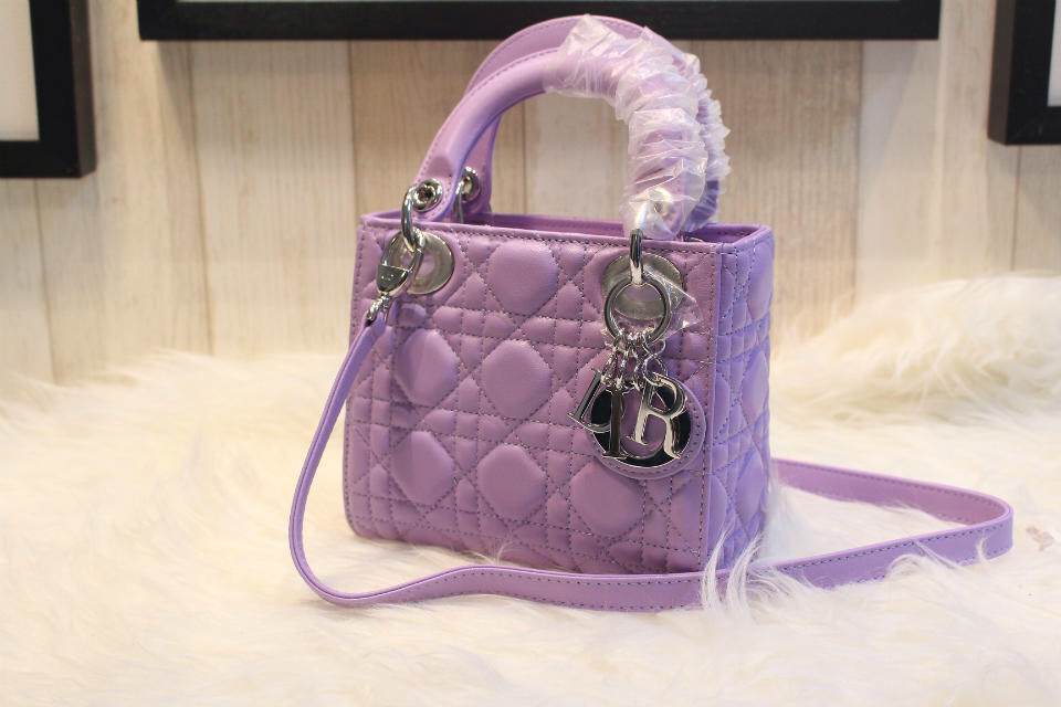 DIOR紫色三格羊皮女包 进口羊皮银扣手提包 时尚大牌戴妃包