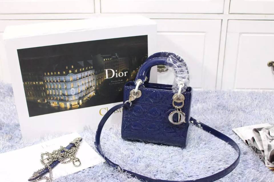 高档女包批发 迪奥Dior厂家货源宝蓝色银扣顶级漆皮戴妃包三格 两条肩带