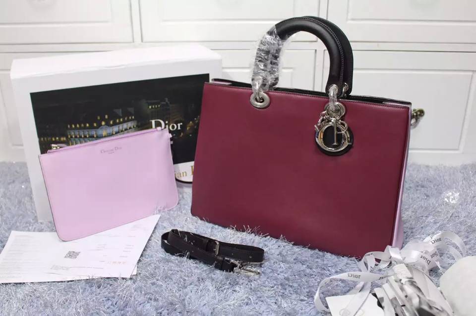 迪奥Dior Diorissimo Vip系列 枣红拼樱花粉拼黑色原版顶级平纹牛皮女包 大号38CM