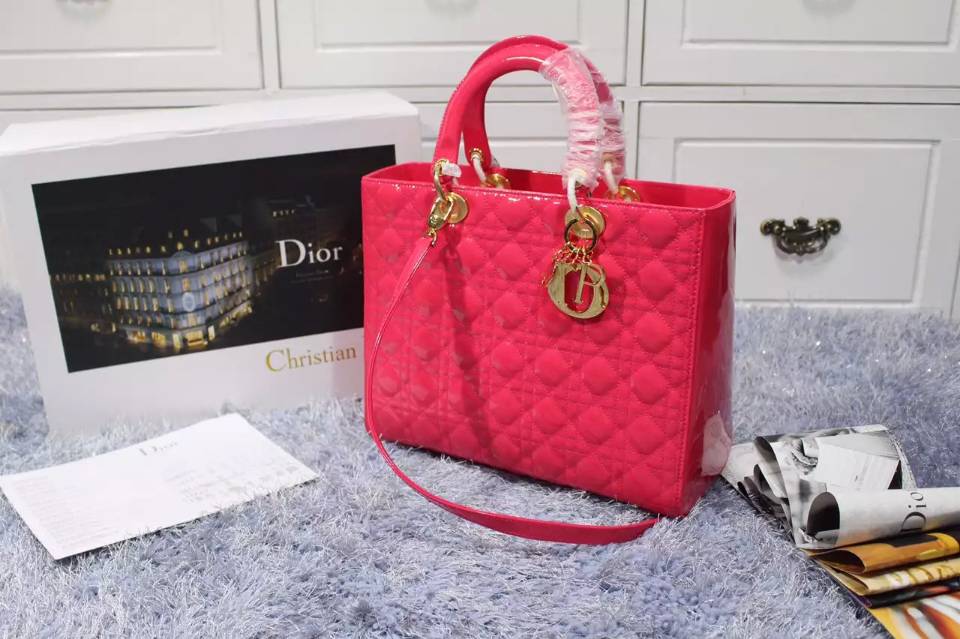 广州包包批发 迪奥Dior玫红色金扣原版顶级漆皮七格戴妃包 厂家直销