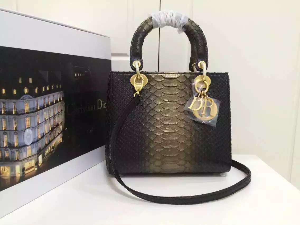 高仿迪奥Dior包包 进口顶级非洲蟒蛇皮戴妃包中号24CM 黑炫金 奢侈品女包手提包
