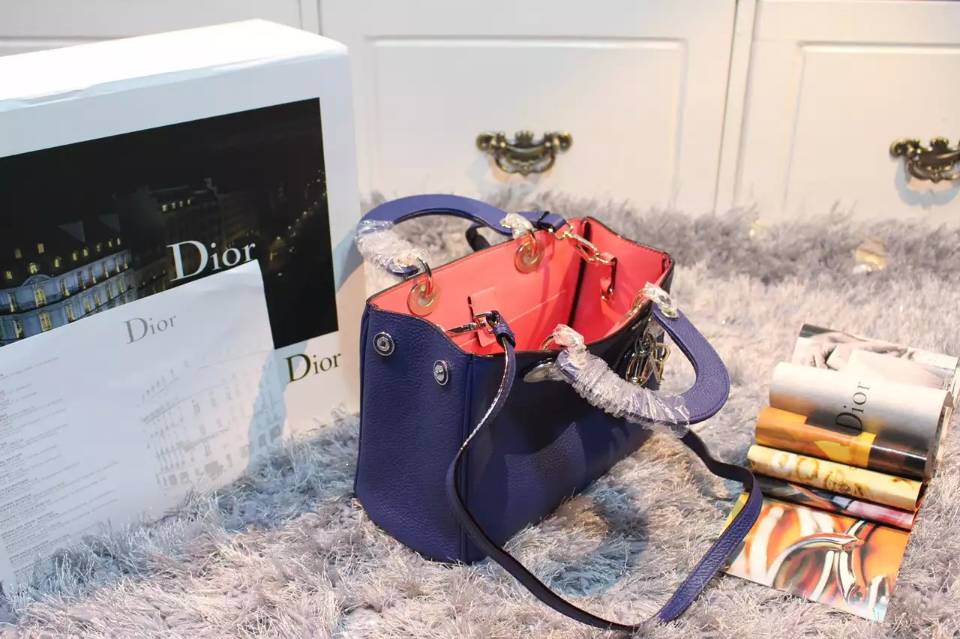 迪奥Dior Diorissimo 小号Vip蓝色原版顶级荔枝纹牛皮 手提女包斜挎包23CM