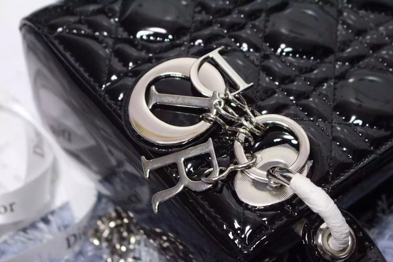 迪奥Dior 2015新款女包 黑色原版顶级漆皮银扣戴妃包三格 双肩带