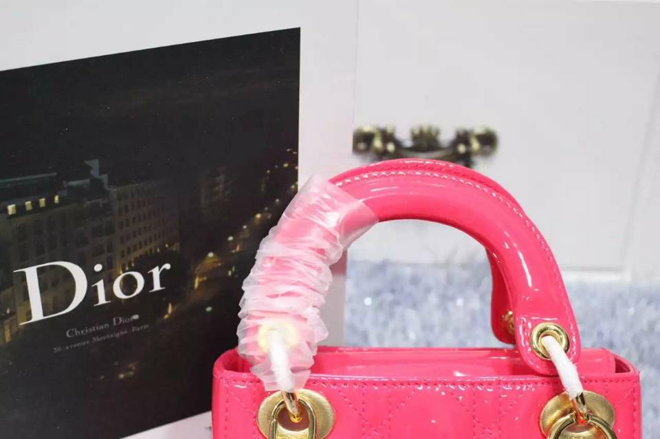 厂家直销 迪奥Lady Dior 三格戴妃包 玫红色原版顶级漆皮金色五金 两条肩带