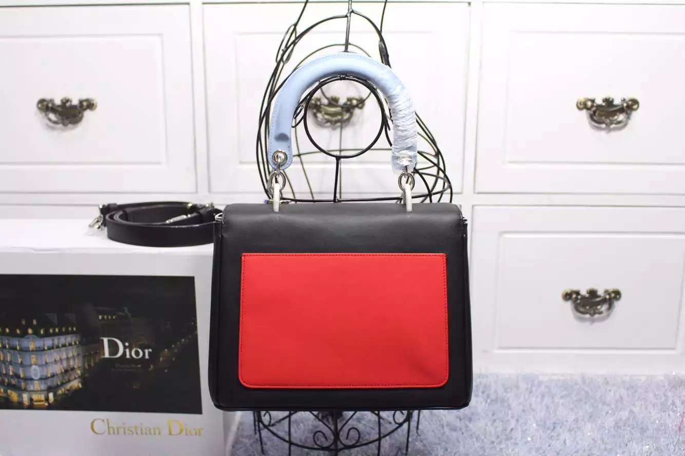 Dior迪奥新款小蜜蜂 黑色拼浅蓝拼红色原版顶级牛皮 明星同款女士手提斜挎包27CM