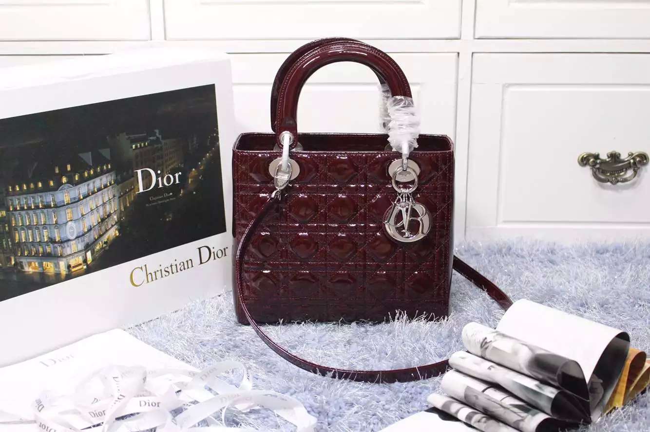 高档女包批发 迪奥Dior进口顶级漆皮五格戴妃包酒红色银扣 时尚女士手提包斜挎包