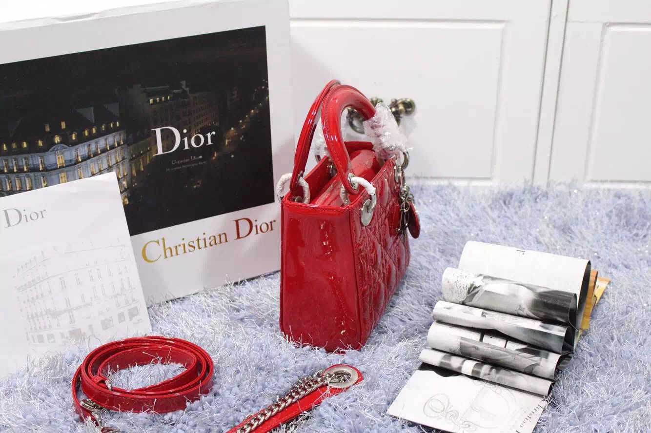 一件代发货 迪奥Dior漆皮戴妃包三格双肩带大红色银扣 夏季新款斜挎小包