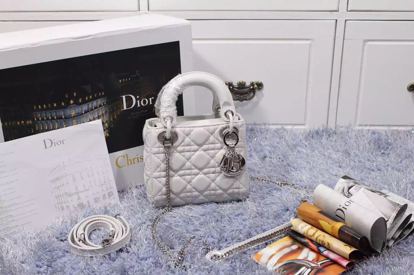 高档女包批发 迪奥Dior白色原版顶级进口羊皮戴妃包三格银扣 配两条肩带