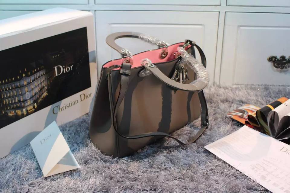 高档女包批发 迪奥Dior Diorissimo 灰色原版顶级平纹牛皮手提包单肩包 中号32CM