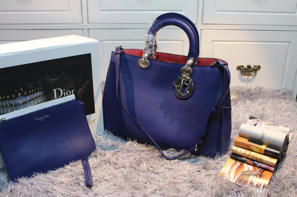 厂家直销 迪奥Dior Diorissimo Vip专属大号38CM 蓝色原版荔枝纹牛皮玫红里衬