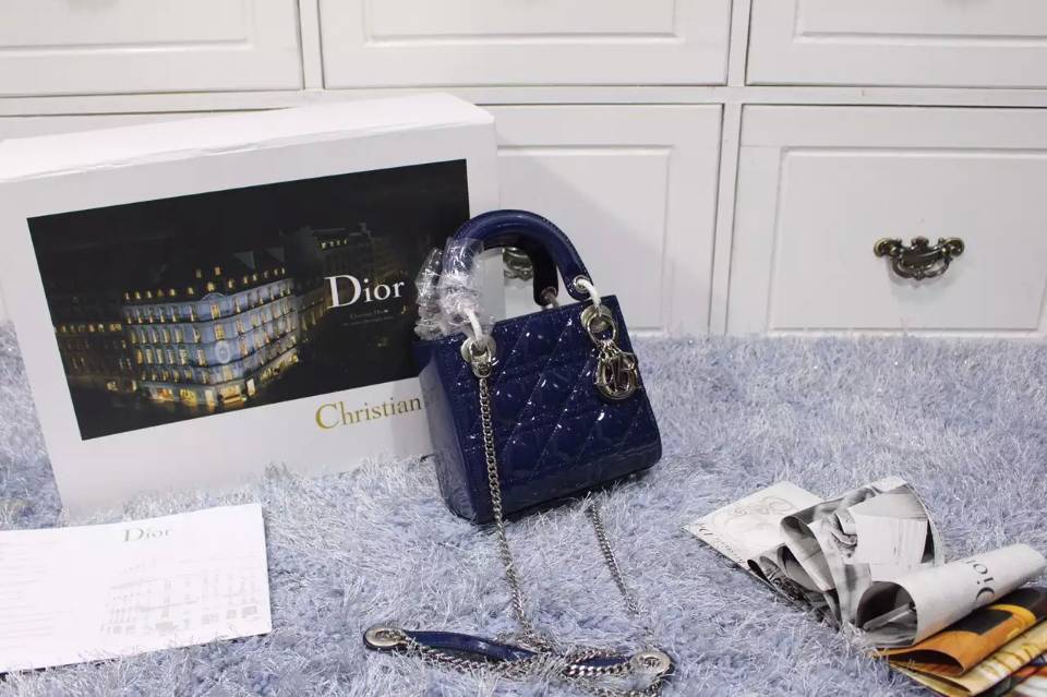 高档女包批发 迪奥Dior厂家货源宝蓝色银扣顶级漆皮戴妃包三格 两条肩带
