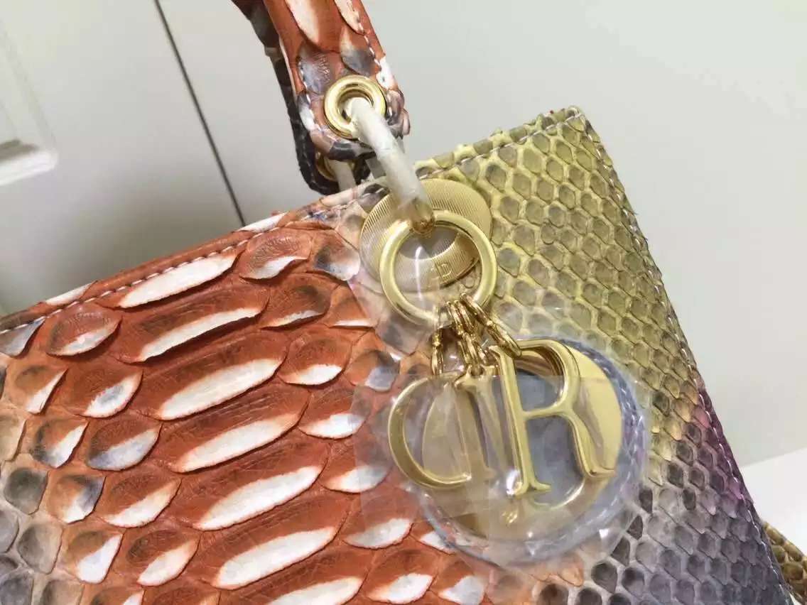 高档奢侈品女包 DIOR迪奥2015新款彩色进口非洲蟒蛇皮戴妃包中号24CM