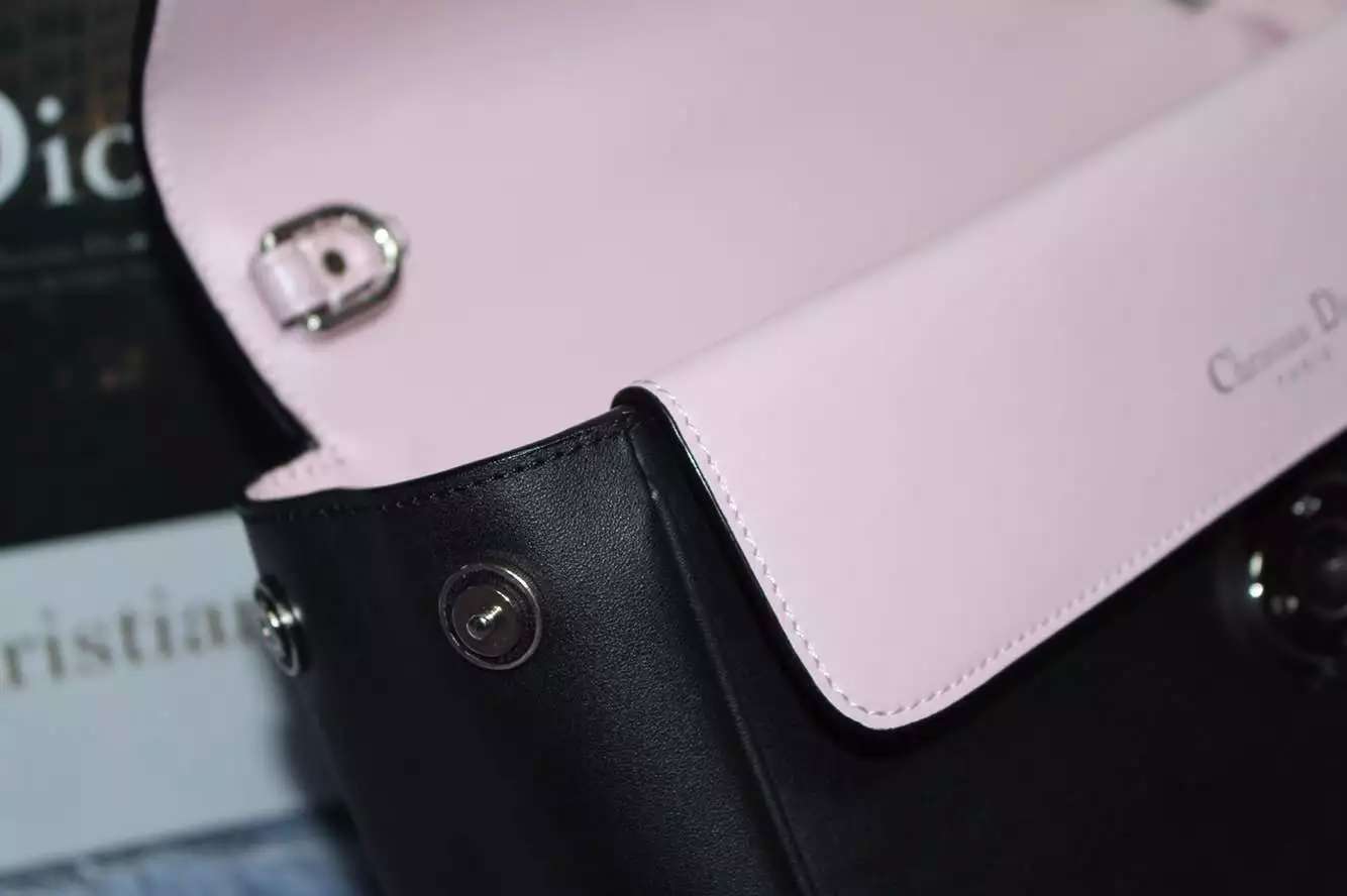 迪奥2015新款女包 Dior小蜜蜂黑色内拼粉色原版顶级牛皮 明星款手提包斜挎包27CM