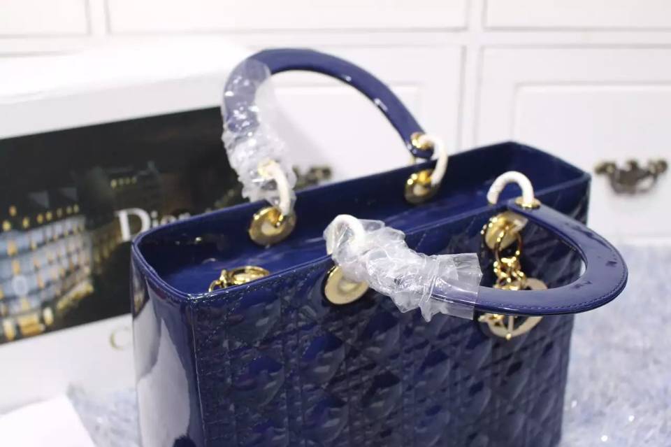 迪奥Dior七格戴妃包 电光蓝顶级漆皮金扣 百搭经典女包手提大包