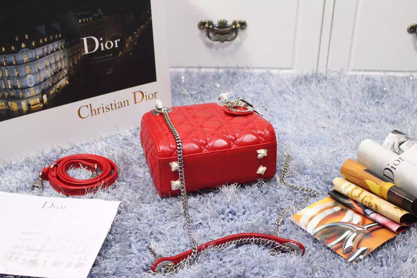 迪奥包包批发 Dior戴妃包双肩带三格原版顶级进口羊皮红色 银扣