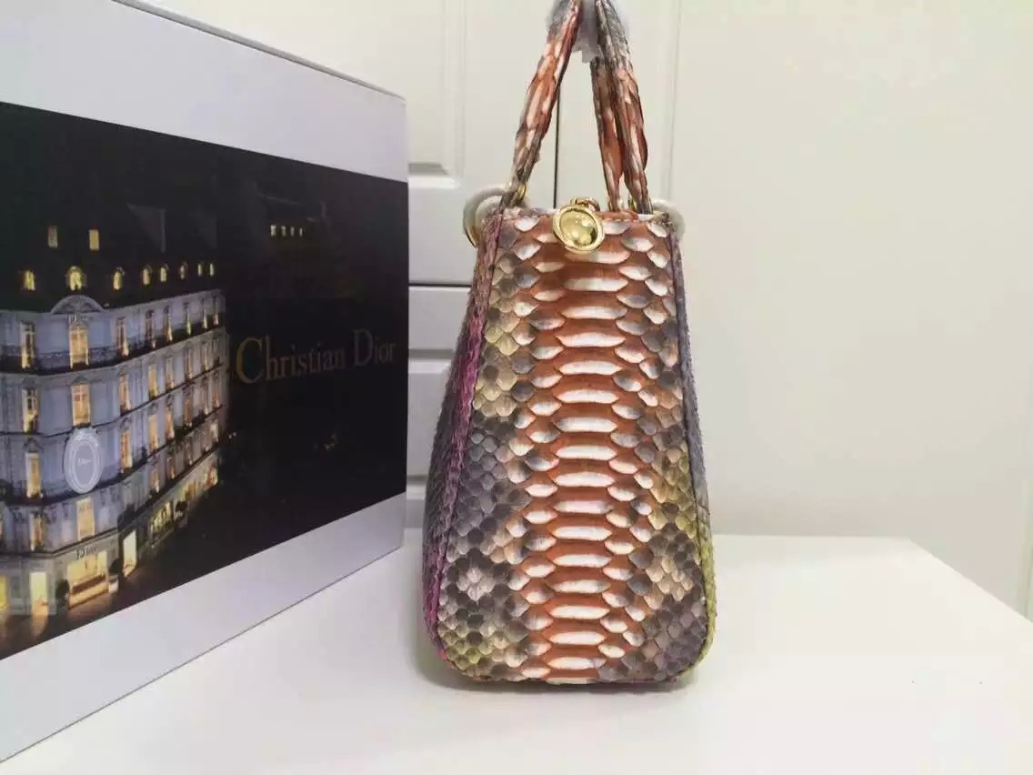高档奢侈品女包 DIOR迪奥2015新款彩色进口非洲蟒蛇皮戴妃包中号24CM