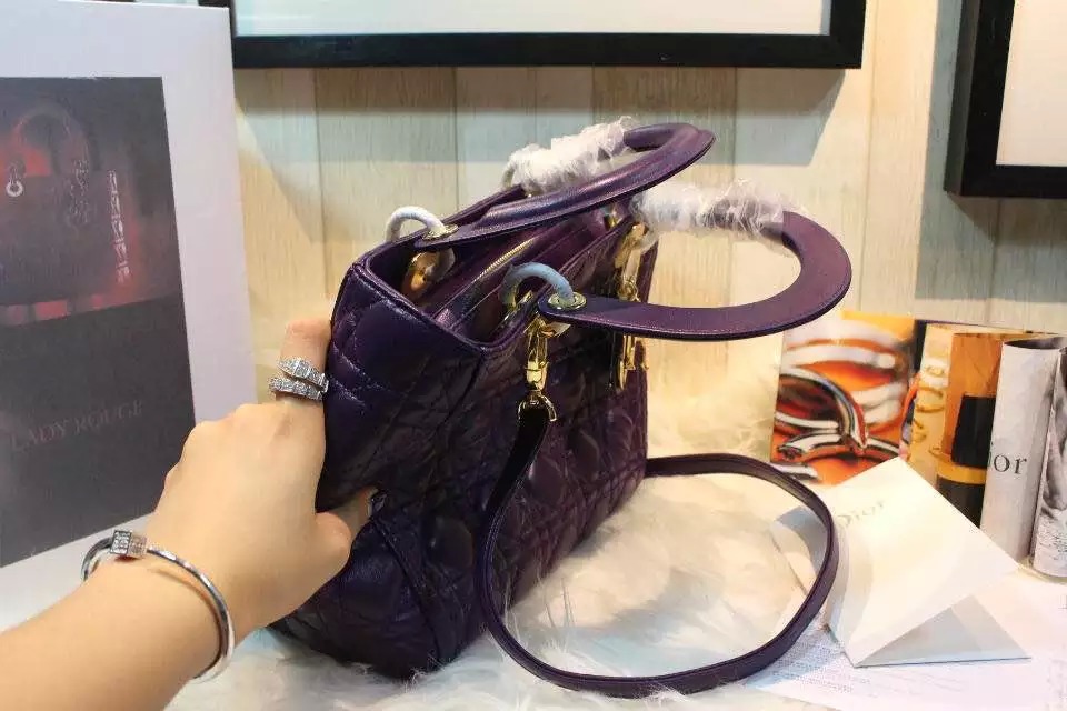 迪奥DIOR 五格戴妃包金扣葡萄紫色进口原版顶级羊皮 高档真皮手提女包