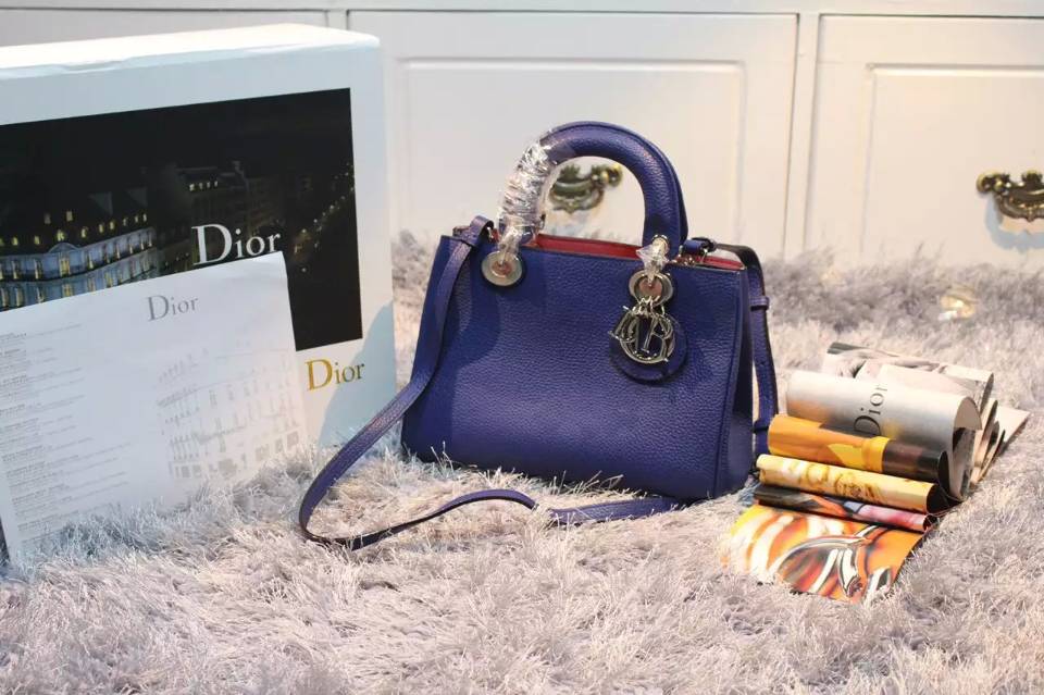 迪奥Dior Diorissimo 小号Vip蓝色原版顶级荔枝纹牛皮 手提女包斜挎包23CM