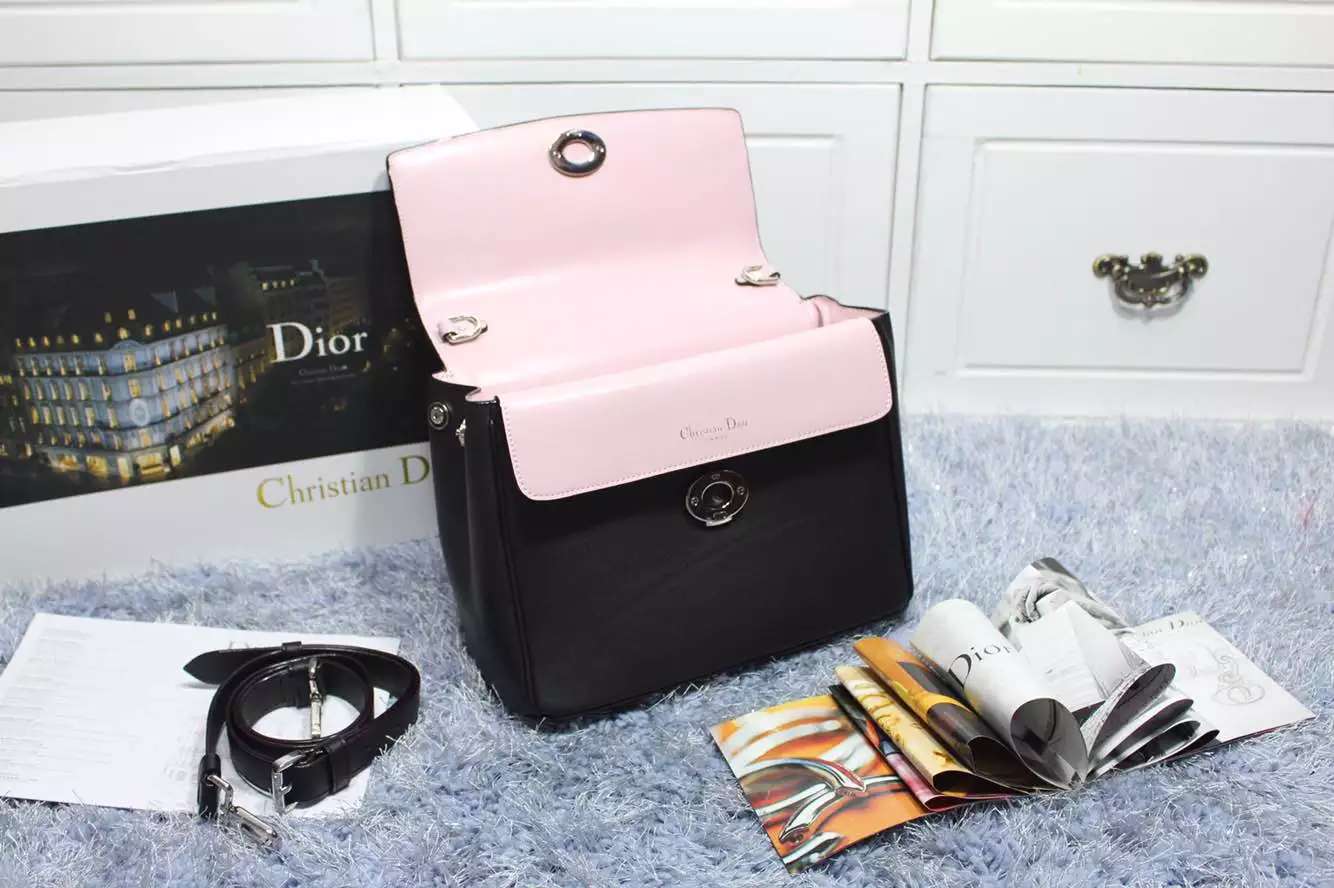 迪奥2015新款女包 Dior小蜜蜂黑色内拼粉色原版顶级牛皮 明星款手提包斜挎包27CM