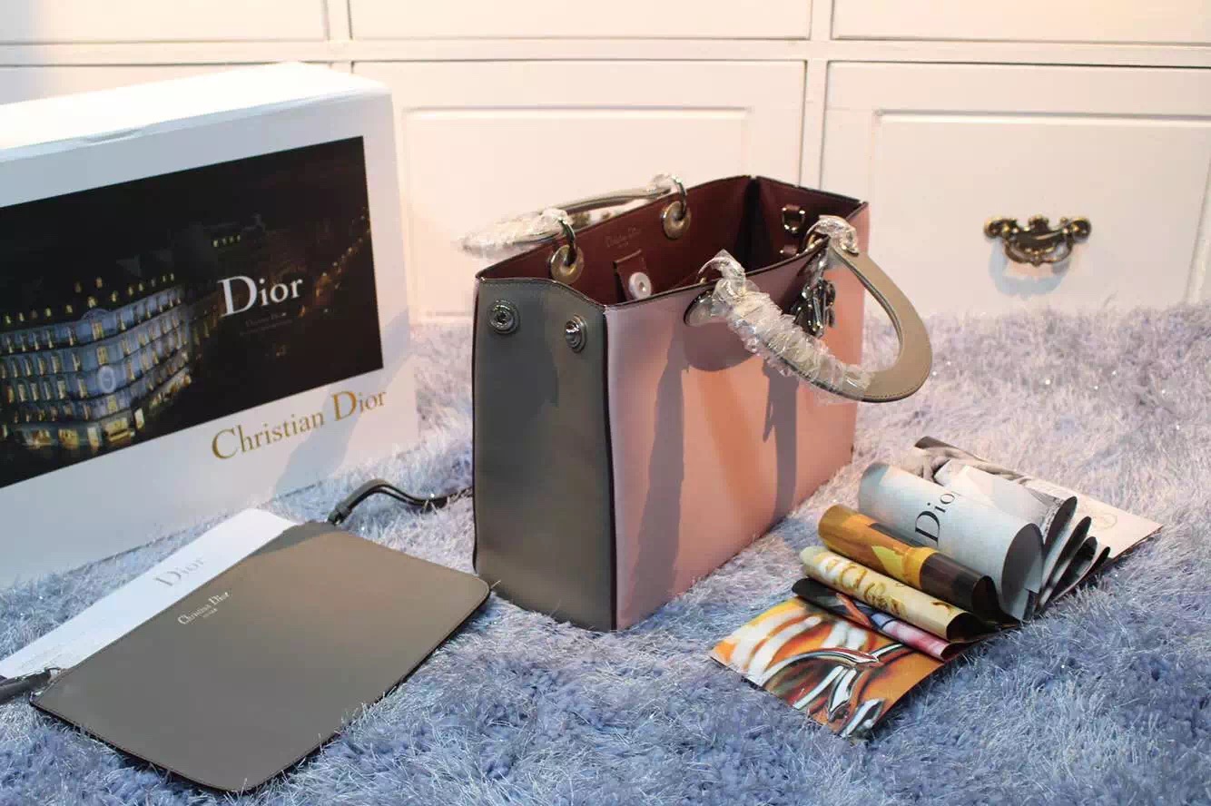 迪奥Dior Diorissimo Vip专属 胭脂粉拼灰色原版顶级平纹牛皮女包 中号32CM