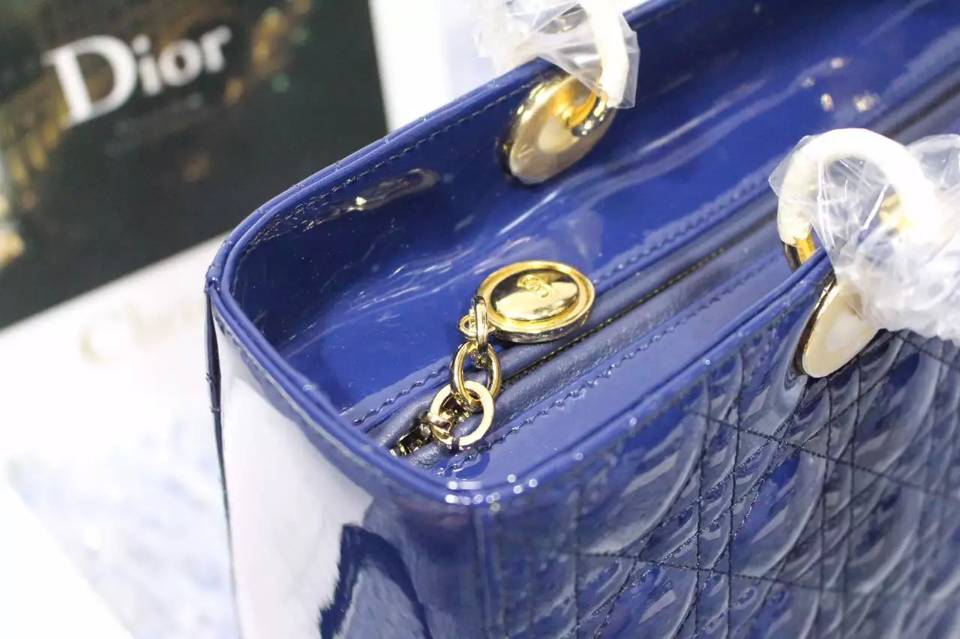 迪奥Dior七格戴妃包 电光蓝顶级漆皮金扣 百搭经典女包手提大包