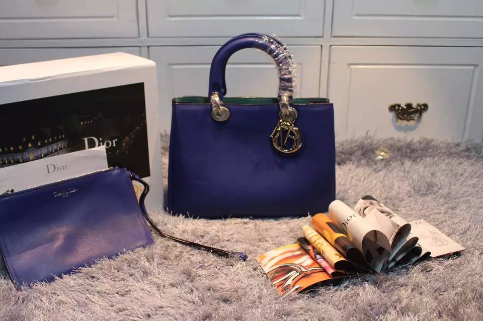 Dior迪奥 蓝色进口原版平纹牛皮 Diorissimo Vip中号32CM 时尚手提女包