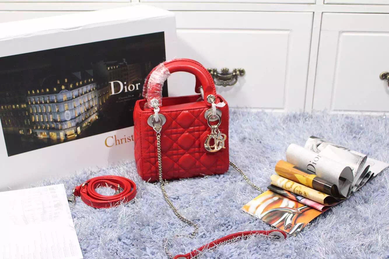 迪奥包包批发 Dior戴妃包双肩带三格原版顶级进口羊皮红色 银扣