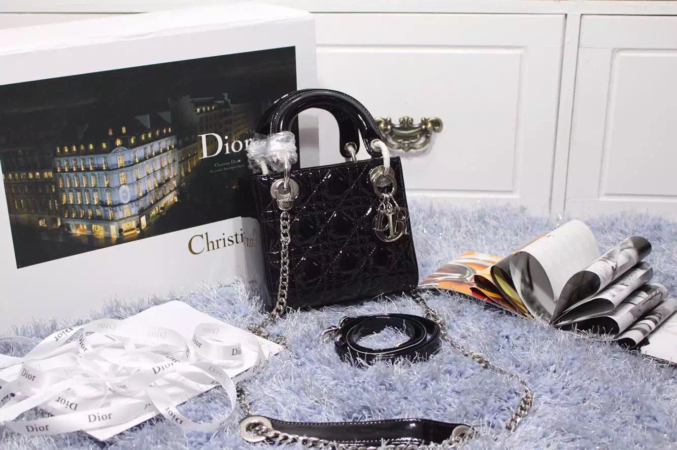 迪奥Dior 2015新款女包 黑色原版顶级漆皮银扣戴妃包三格 双肩带