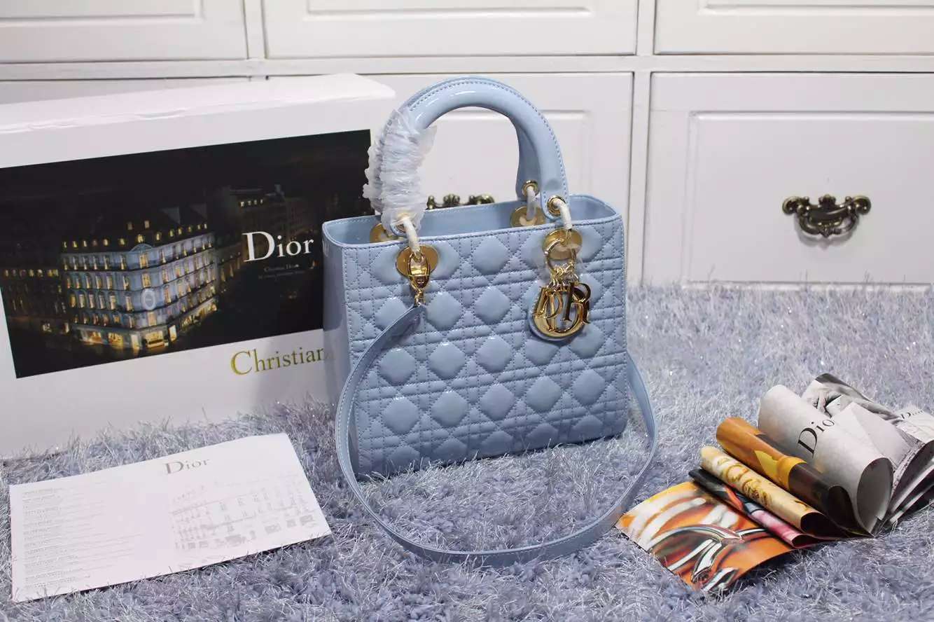 实拍 迪奥Dior原版进口漆皮戴妃包五格金扣浅蓝色 奢侈品牌女包批发