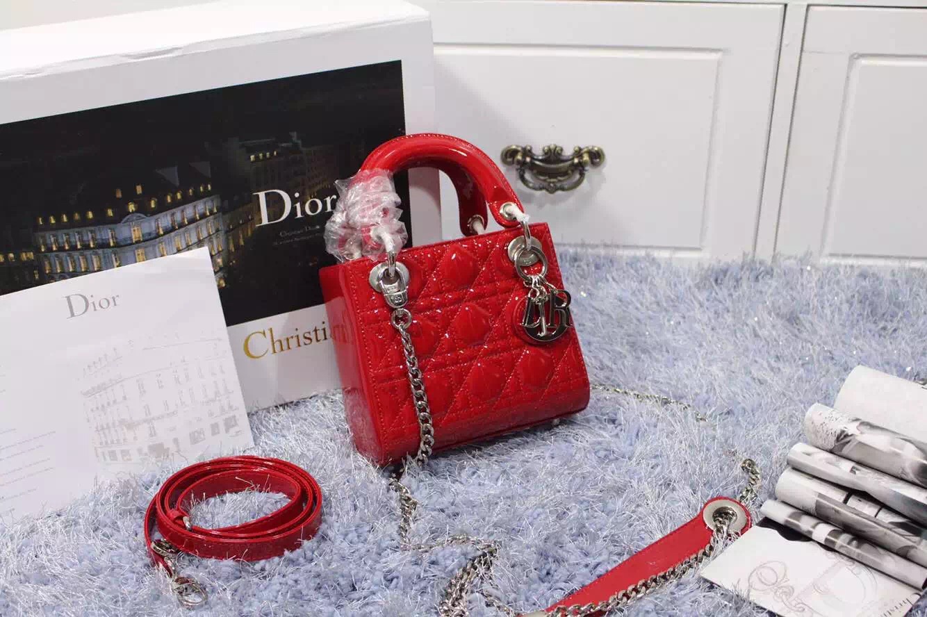 一件代发货 迪奥Dior漆皮戴妃包三格双肩带大红色银扣 夏季新款斜挎小包