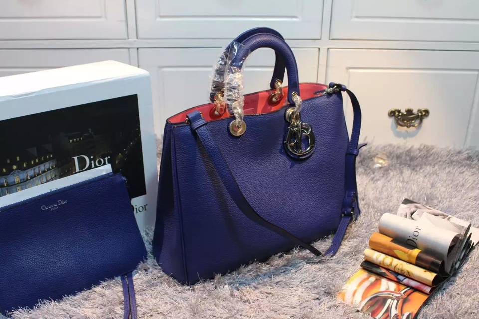 厂家直销 迪奥Dior Diorissimo Vip专属大号38CM 蓝色原版荔枝纹牛皮玫红里衬