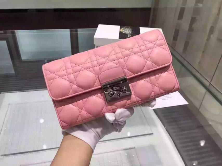 DIOR迪奥2015新款 原版顶级羊皮菱格锁扣钱包 高档女士长款钱夹手包 粉色