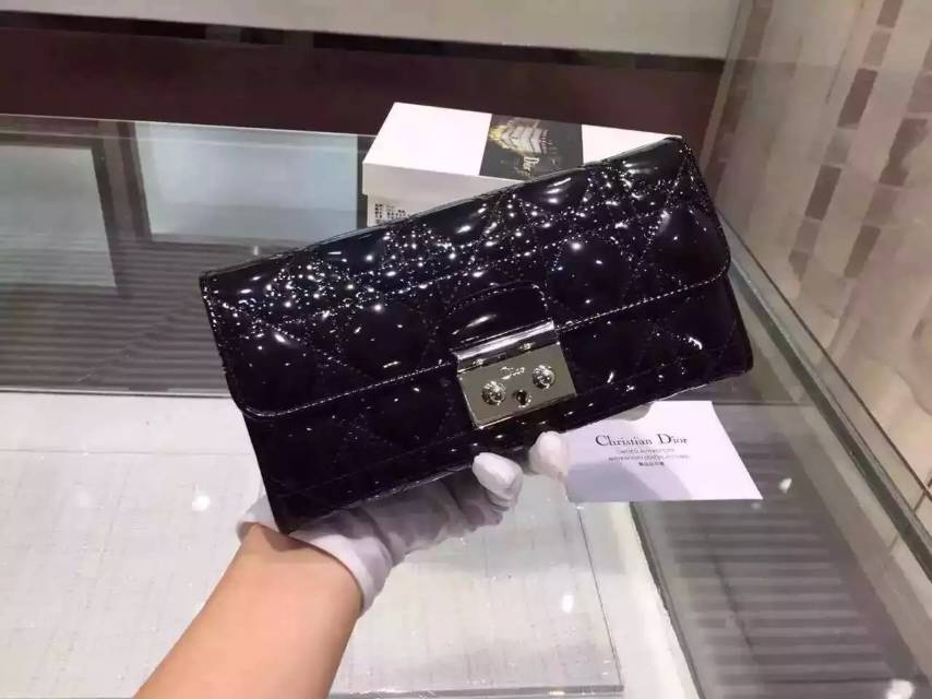 高档女款钱包 Dior迪奥黑色漆皮锁扣钱夹 百搭时尚长款女钱包手包