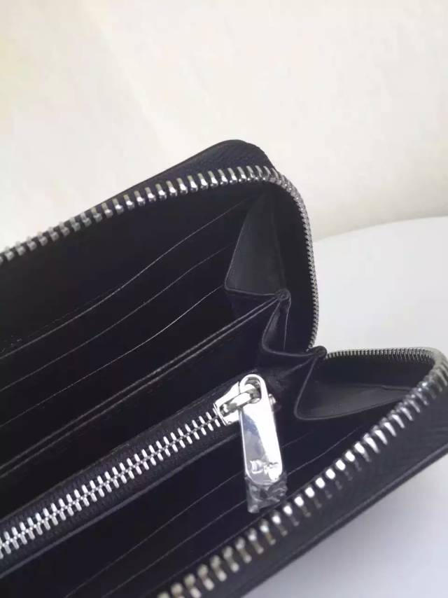 迪奥DIOR2015新款 黑色顶级羊皮 徽章款女士长款拉链钱包卡包手包