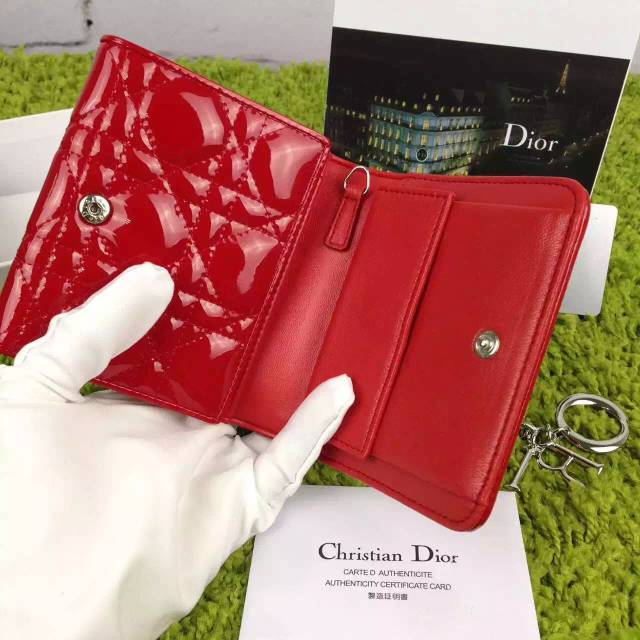 厂家直销 迪奥DIOR 原版顶级漆皮三折钱夹 时尚女士红色短款钱包卡包