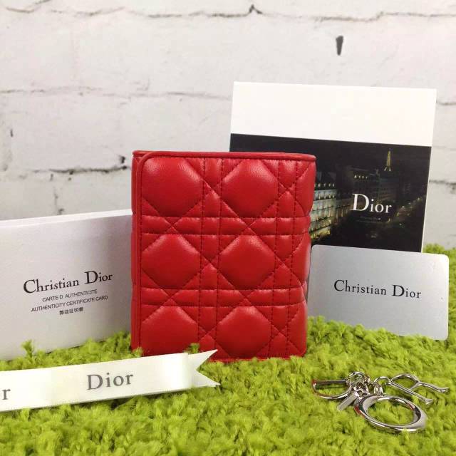2015新款女士钱包 DIOR迪奥红色原版顶级羊皮菱格三折短款钱夹钱包