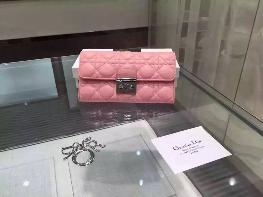DIOR迪奥2015新款 原版顶级羊皮菱格锁扣钱包 高档女士长款钱夹手包 粉色