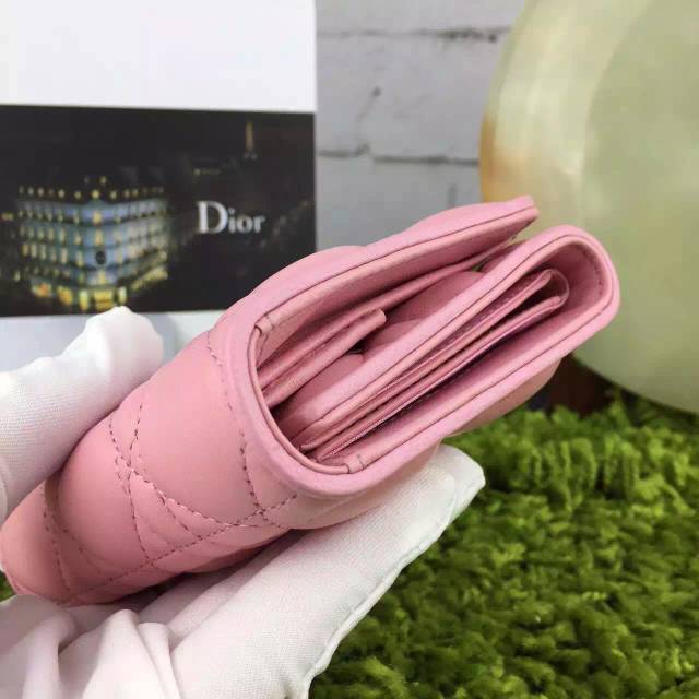 迪奥钱包批发 Dior原版顶级羊皮三折钱夹 女士短款钱包新款 粉色
