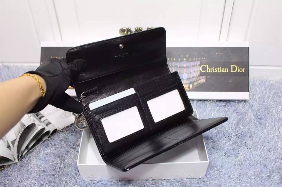 一件代发货 迪奥DIOR 黑色原版顶级漆皮女士翻盖长款钱夹手包