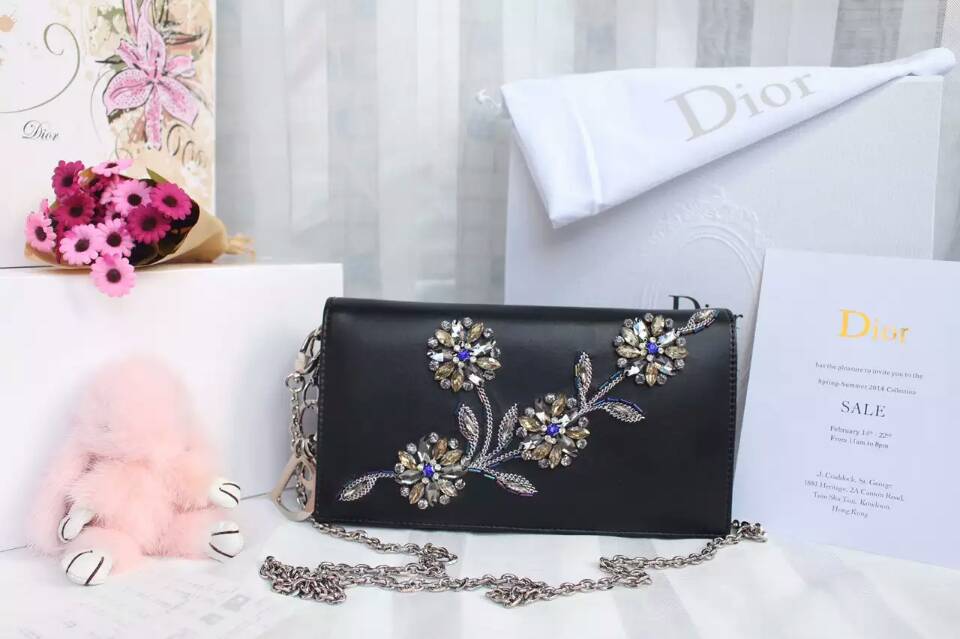 Dior包包官网 迪奥绣珠系列链条单肩女包 黑色原版皮
