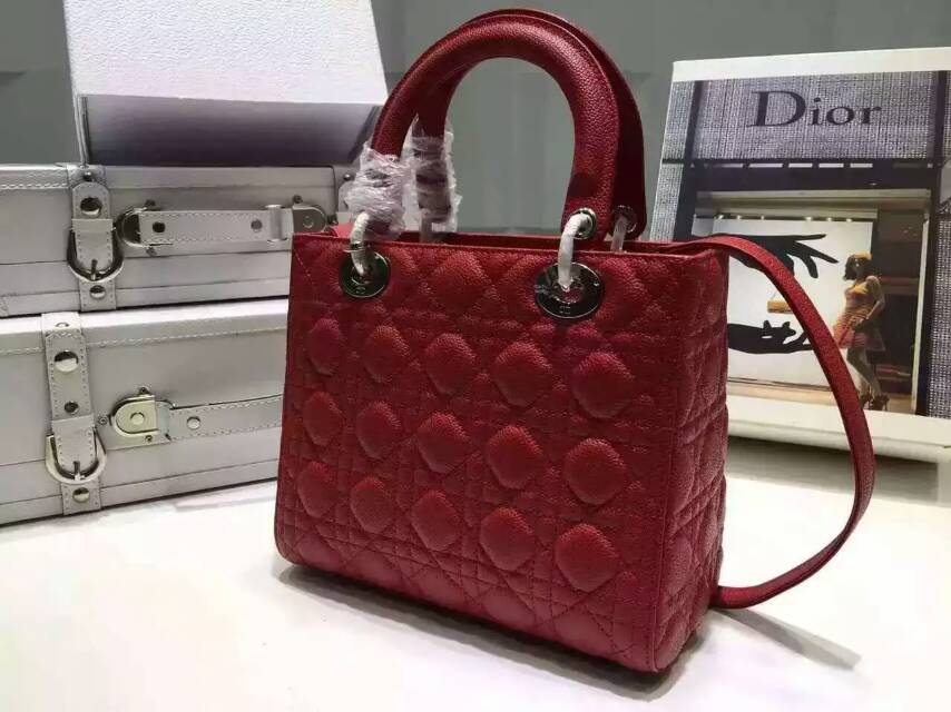 迪奥包包批发 Lady Dior 红色原版球纹皮迪奥五格戴妃包24cm