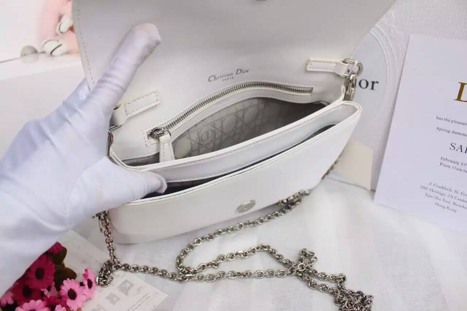 厂家直销 迪奥DIOR新款女包 白色原版皮手工绣珠链条手包单肩包