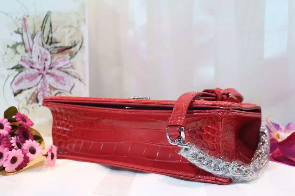 广州迪奥女包 Dior Ama 红色原版鳄鱼纹链条单肩斜挎包25cm