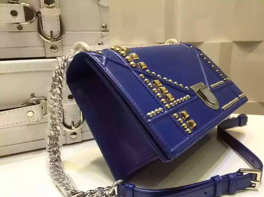厂家直销 Dior新款包包 迪奥Ama蓝色原单羊皮铆钉肩背包25cm
