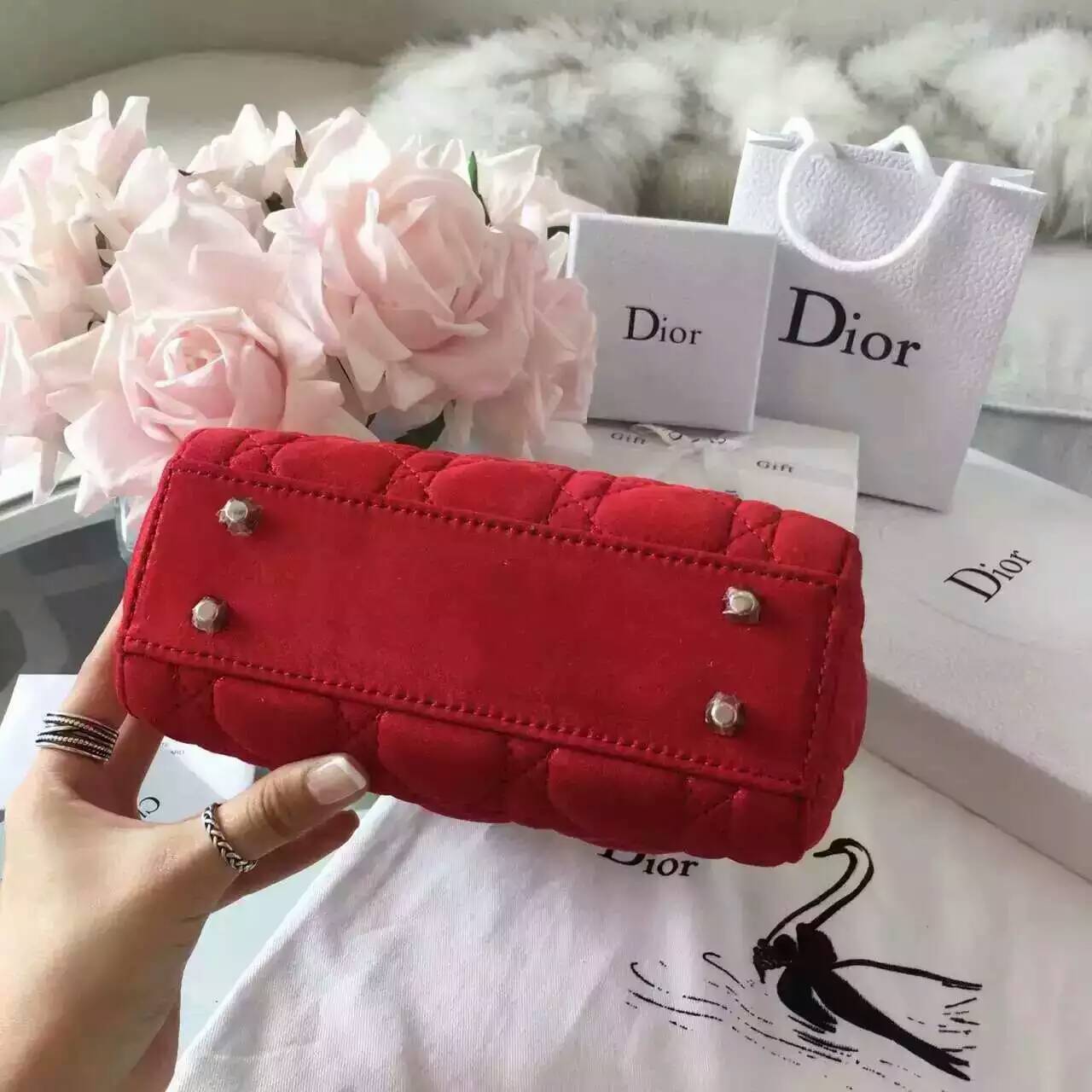 Dior迪奥新款女包 Lady Dior mini珠光布纹小羊皮迷你戴妃包 红色