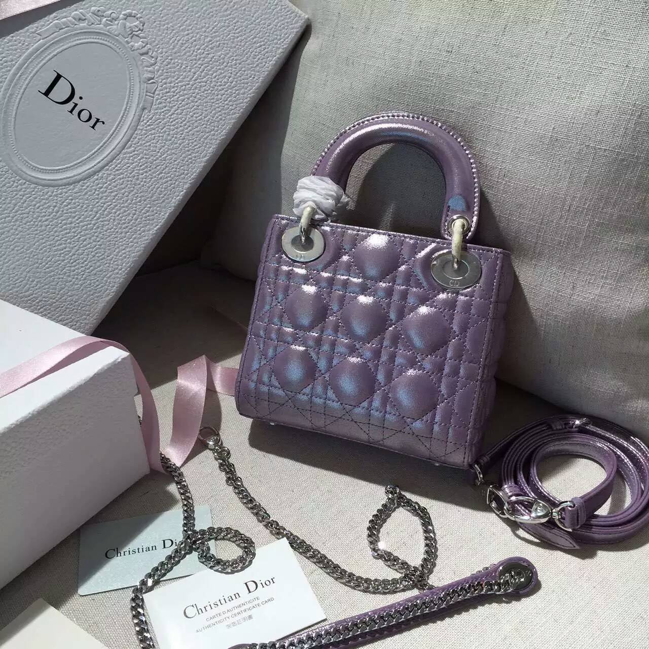 Lady Dior mini迪奥新款珠光布纹小羊皮迷你戴妃包三格 紫色