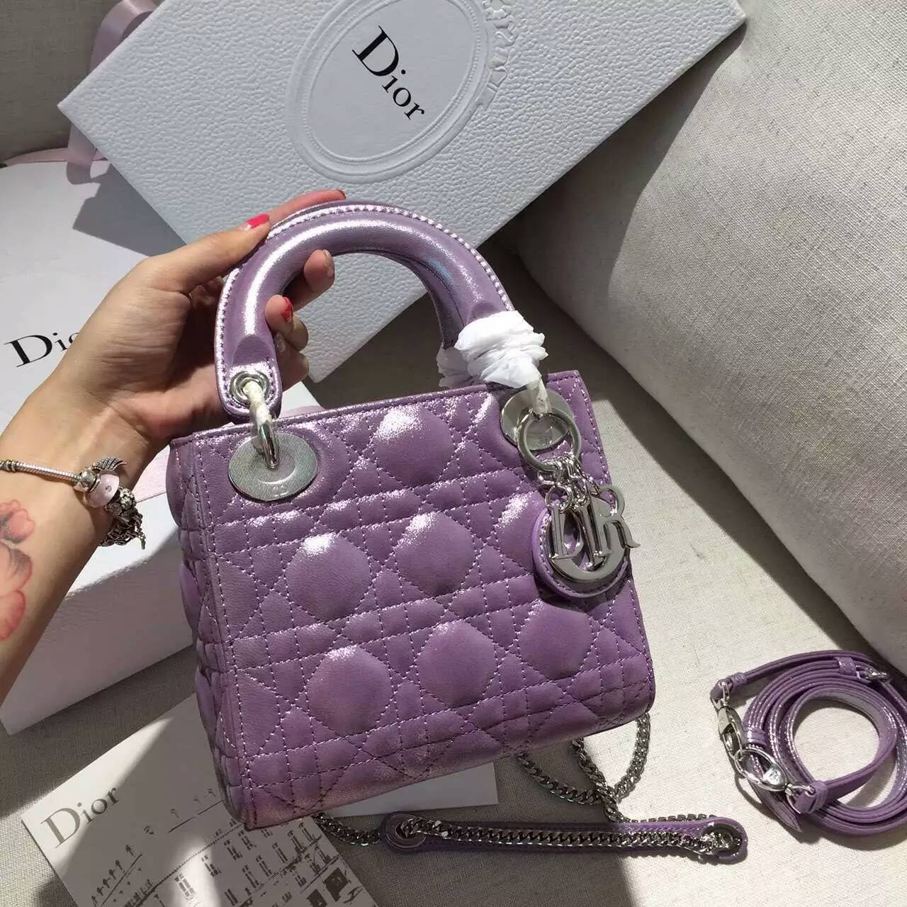 Lady Dior mini迪奥新款珠光布纹小羊皮迷你戴妃包三格 紫色