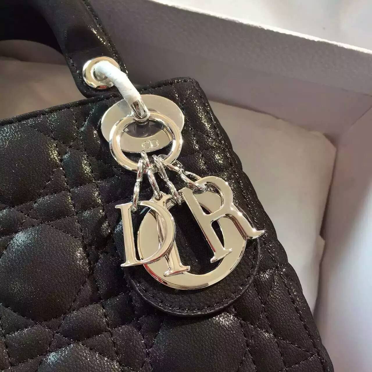 Christian Dior 迪奥三格戴妃包小号17cm 黑色珠光布纹小羊皮