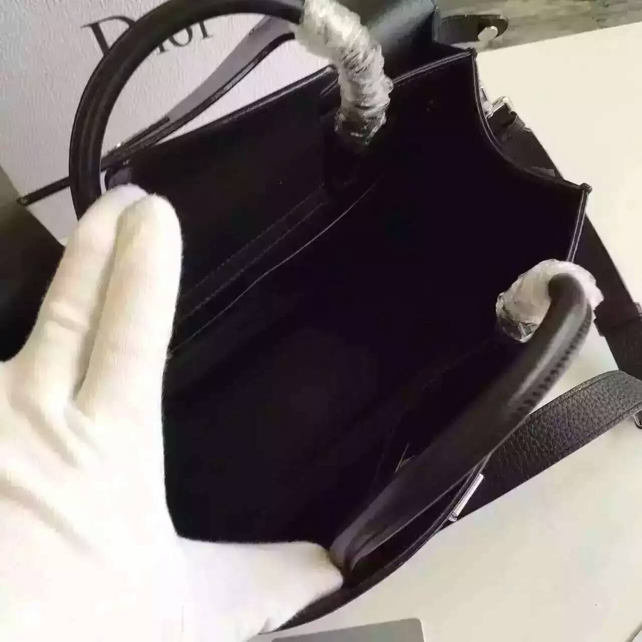 迪奥2016年新款女包 黑色原版荔枝纹牛皮Diorever手提包30cm